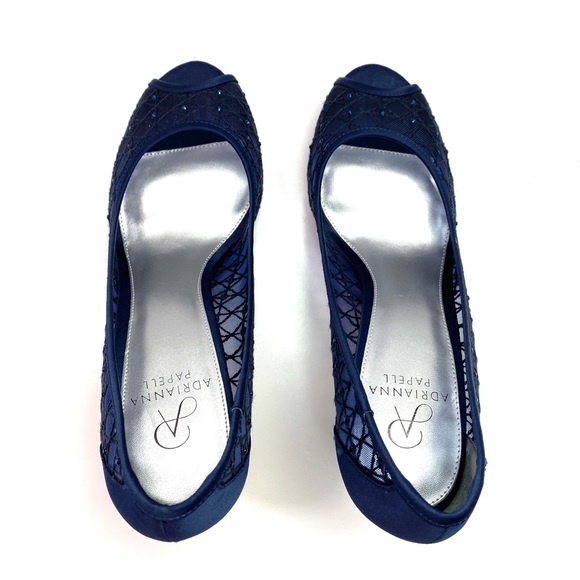 SOLD NIB Adrianna Papell Crystal Navy Satin Mesh Heels - Picture 3 of 8